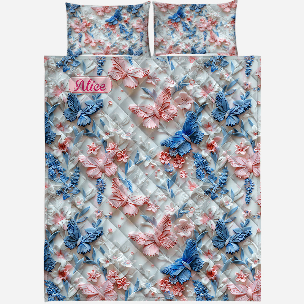 Pink And Blue Butterflies - Personalized Butterfly Quilt Set