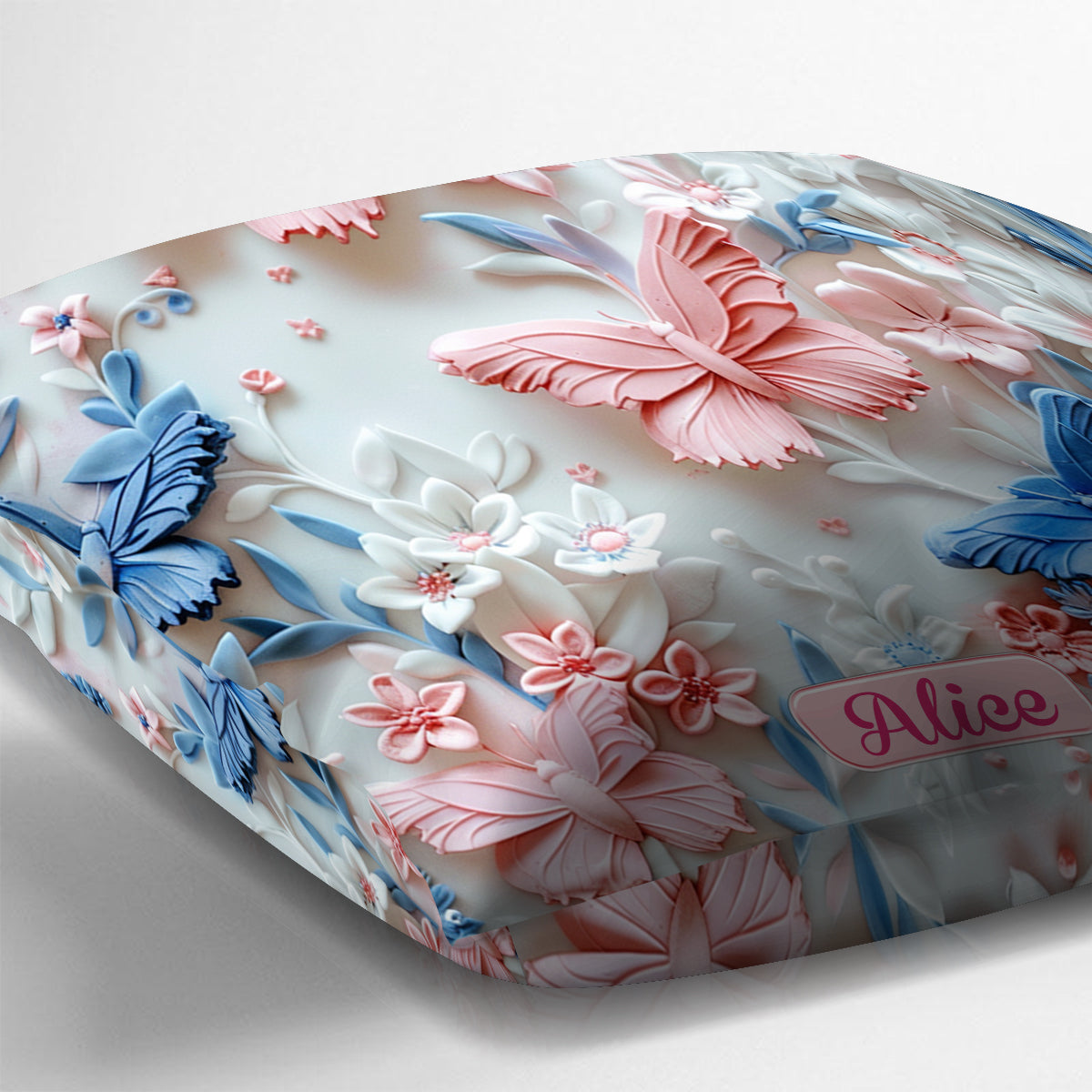 Coussin décoratif papillons roses et bleus personnalisé