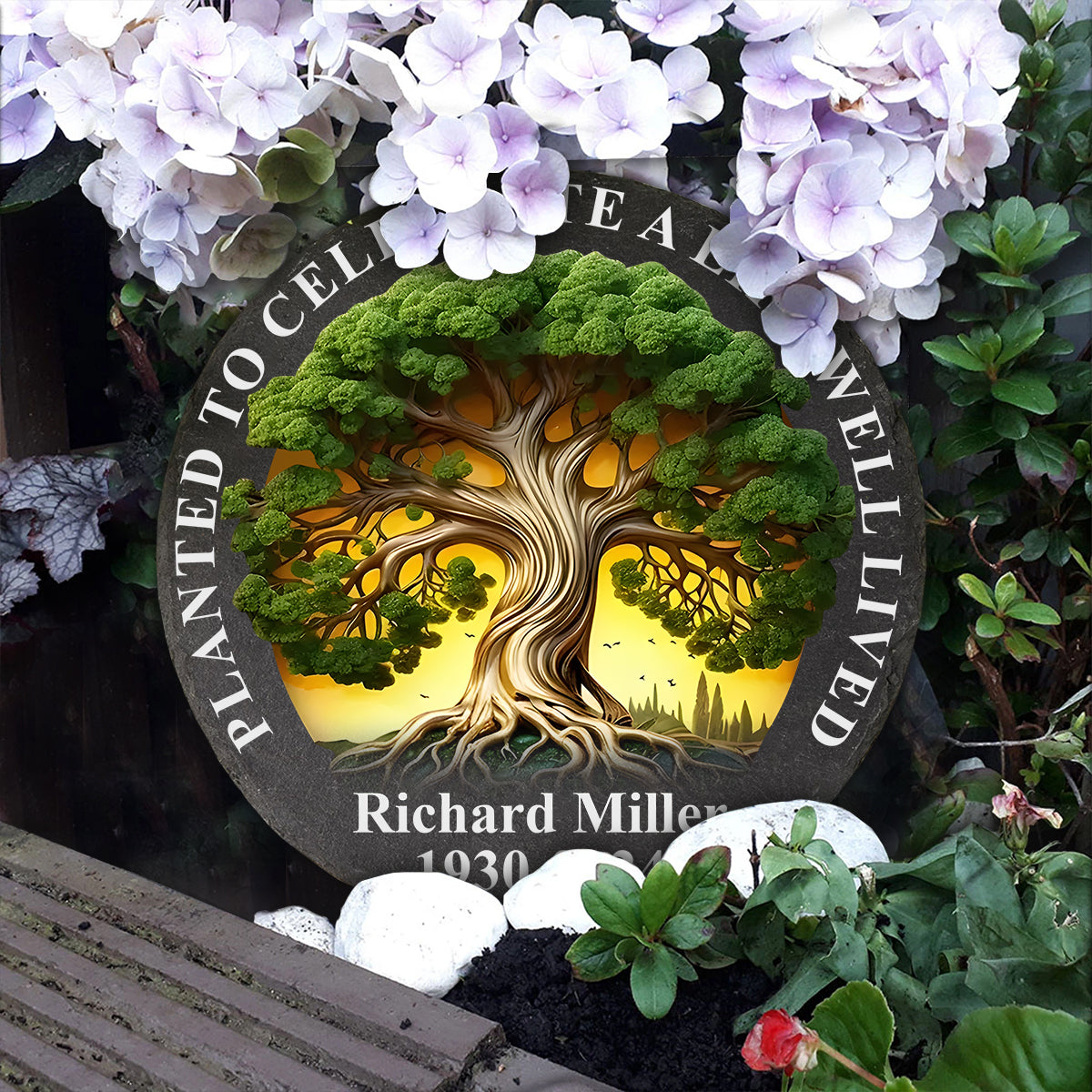 Plantée en hommage à une vie bien remplie - Pierre commémorative ronde personnalisée