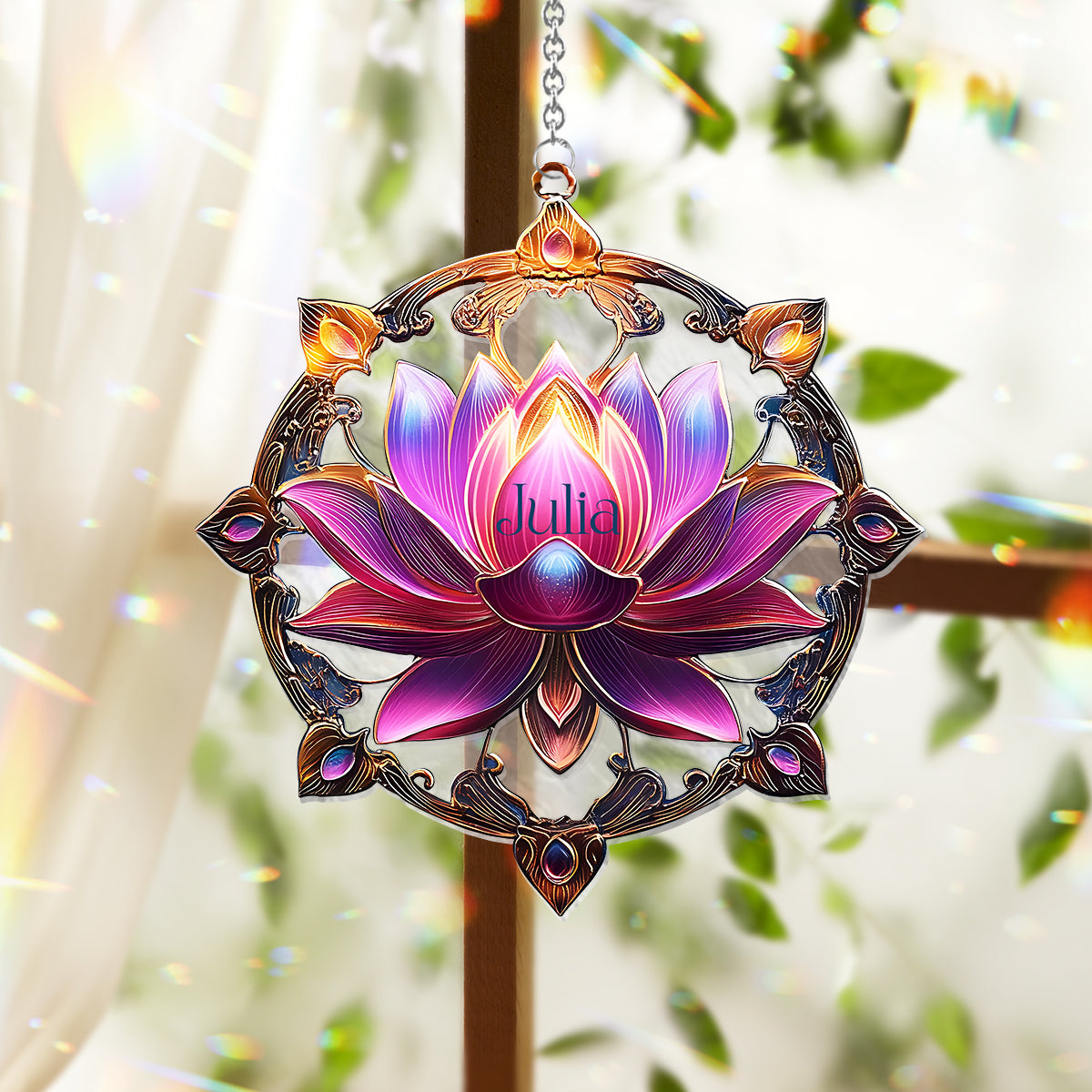 Magnifique lotus - Ornement attrape-soleil personnalisé à suspendre à une fenêtre, inspiré du yoga 