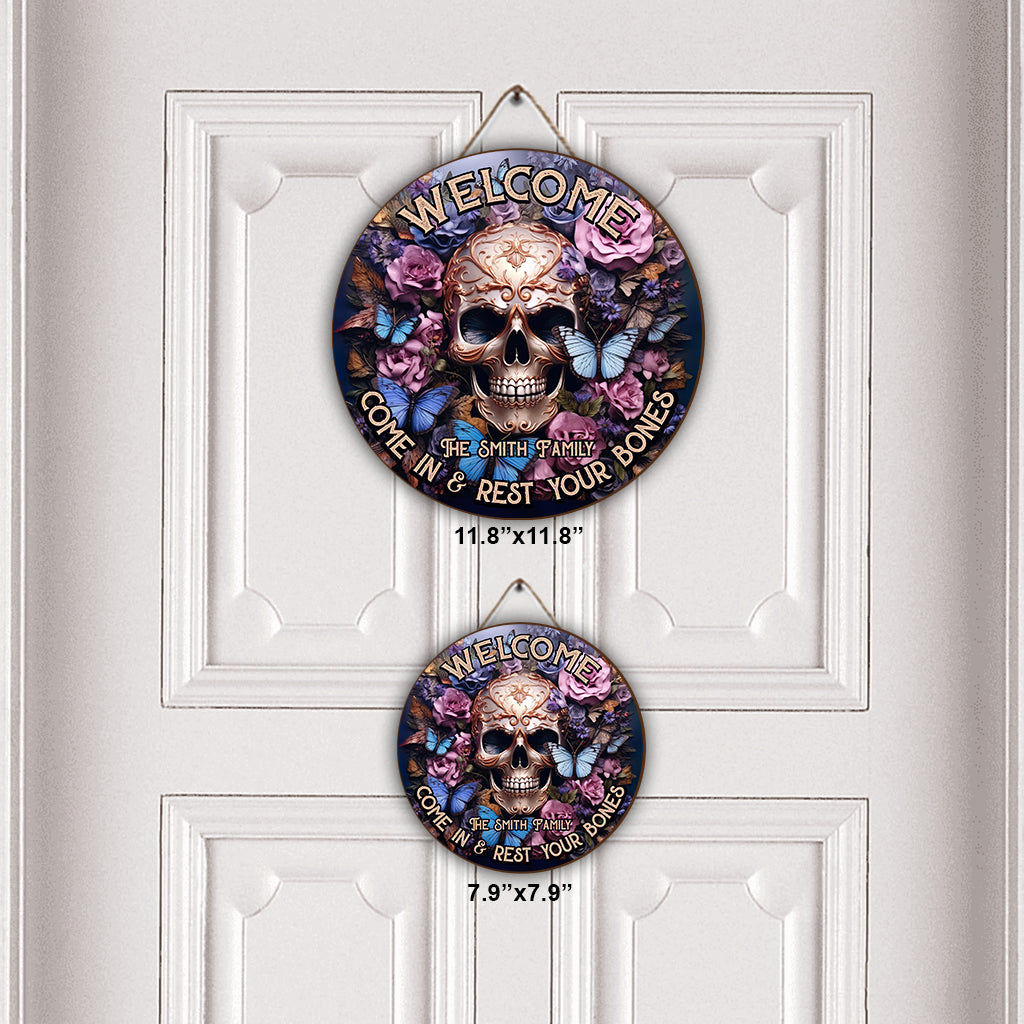 Bienvenue, entrez et reposez-vous - Panneau rond en bois personnalisé en forme de crâne