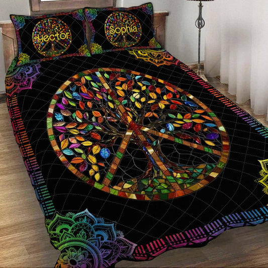 Ensemble de courtepointe hippie personnalisée « It's A Beautiful World » avec symbole de paix et arbre de vie