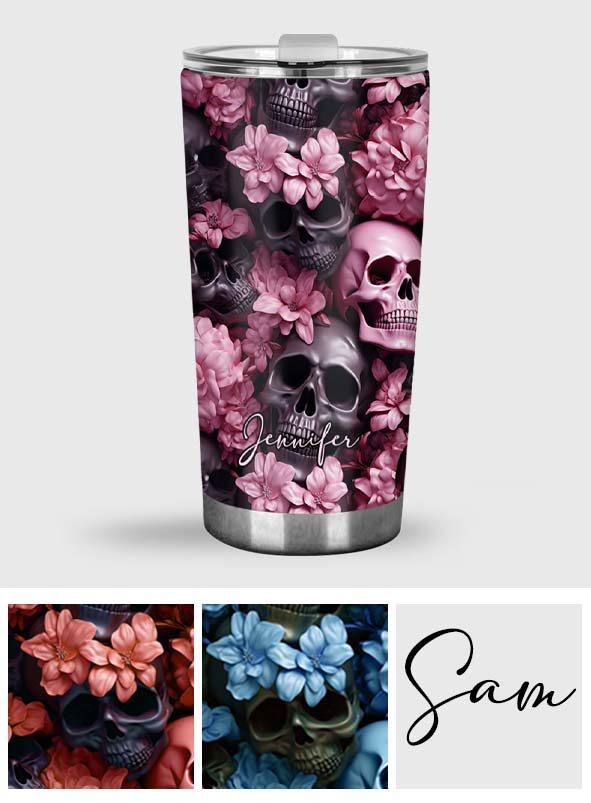 Pink Flowers Black Skulls - Personalized Skull Tumbler