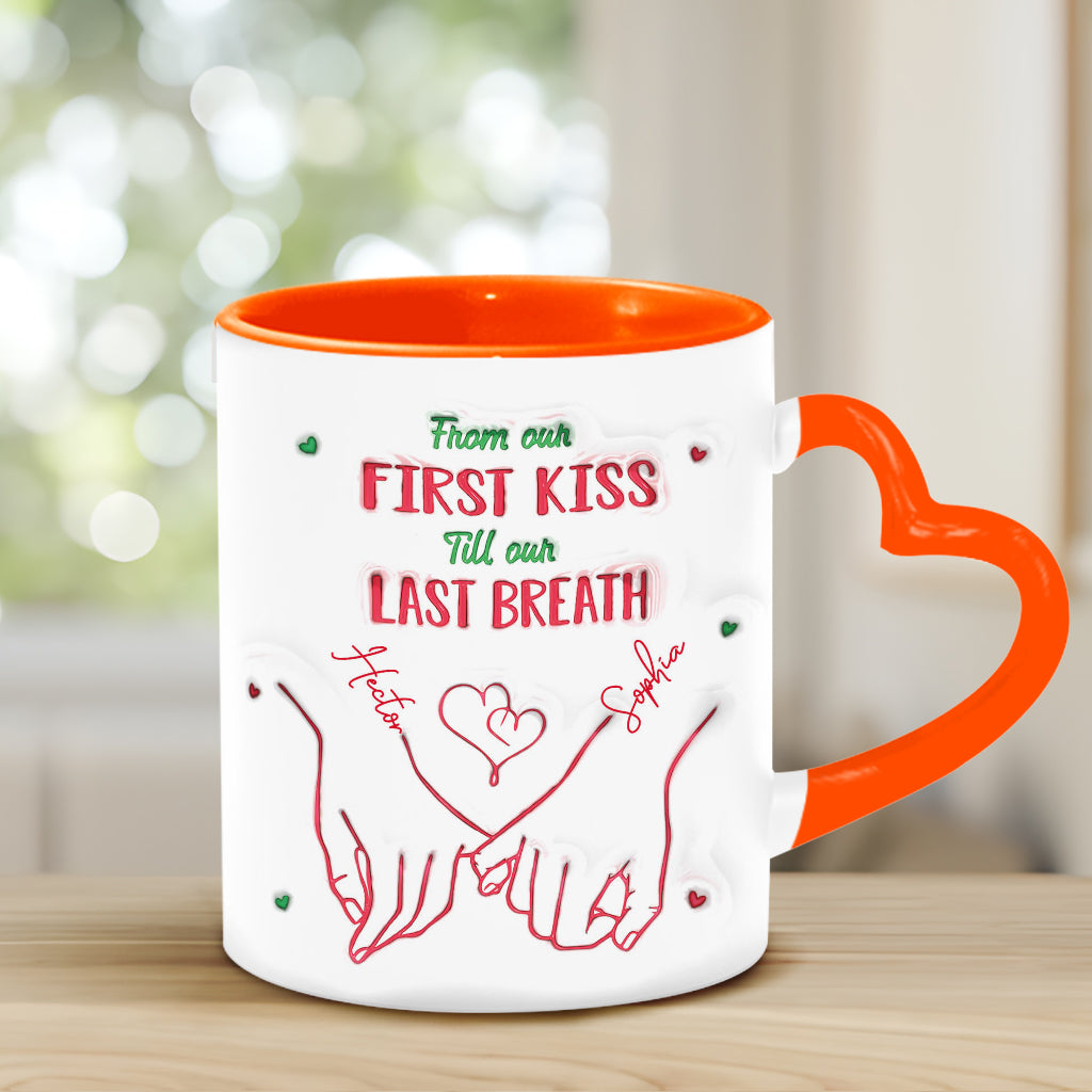 De notre premier baiser à notre dernier souffle - Mug personnalisé pour couple avec anse en forme de cœur
