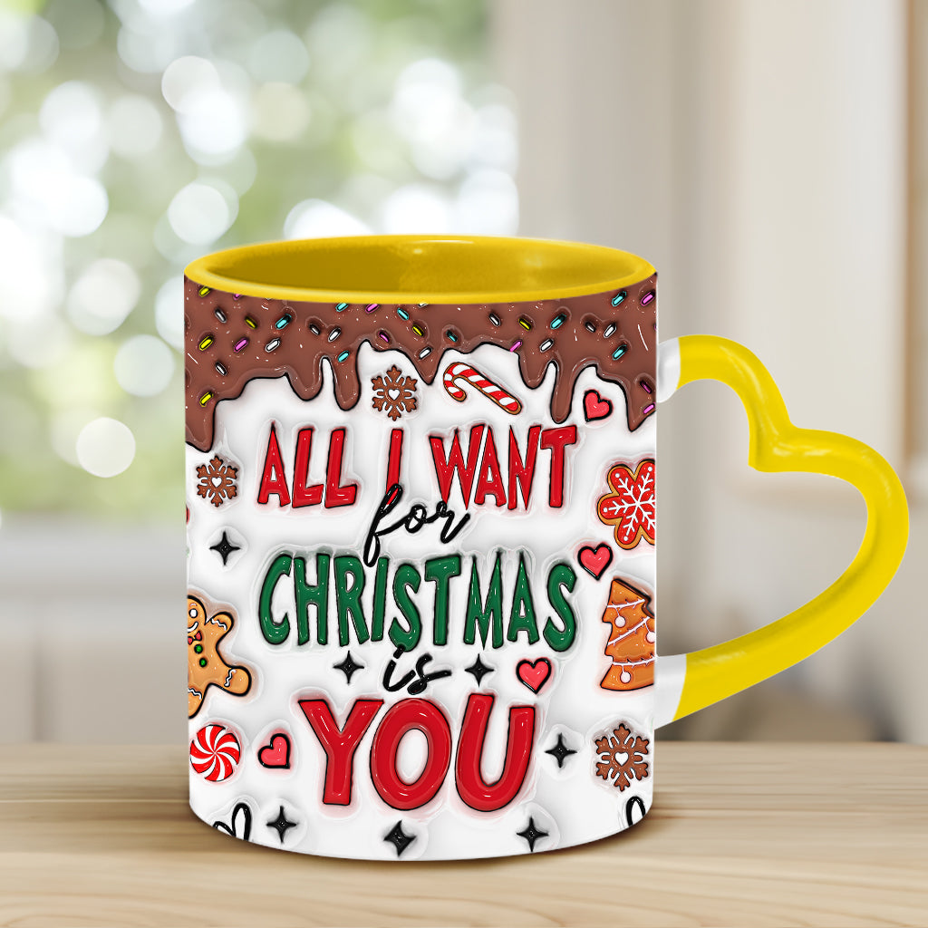 Tout ce que je veux pour Noël, c'est toi - Mug personnalisé pour couple avec anse en forme de cœur