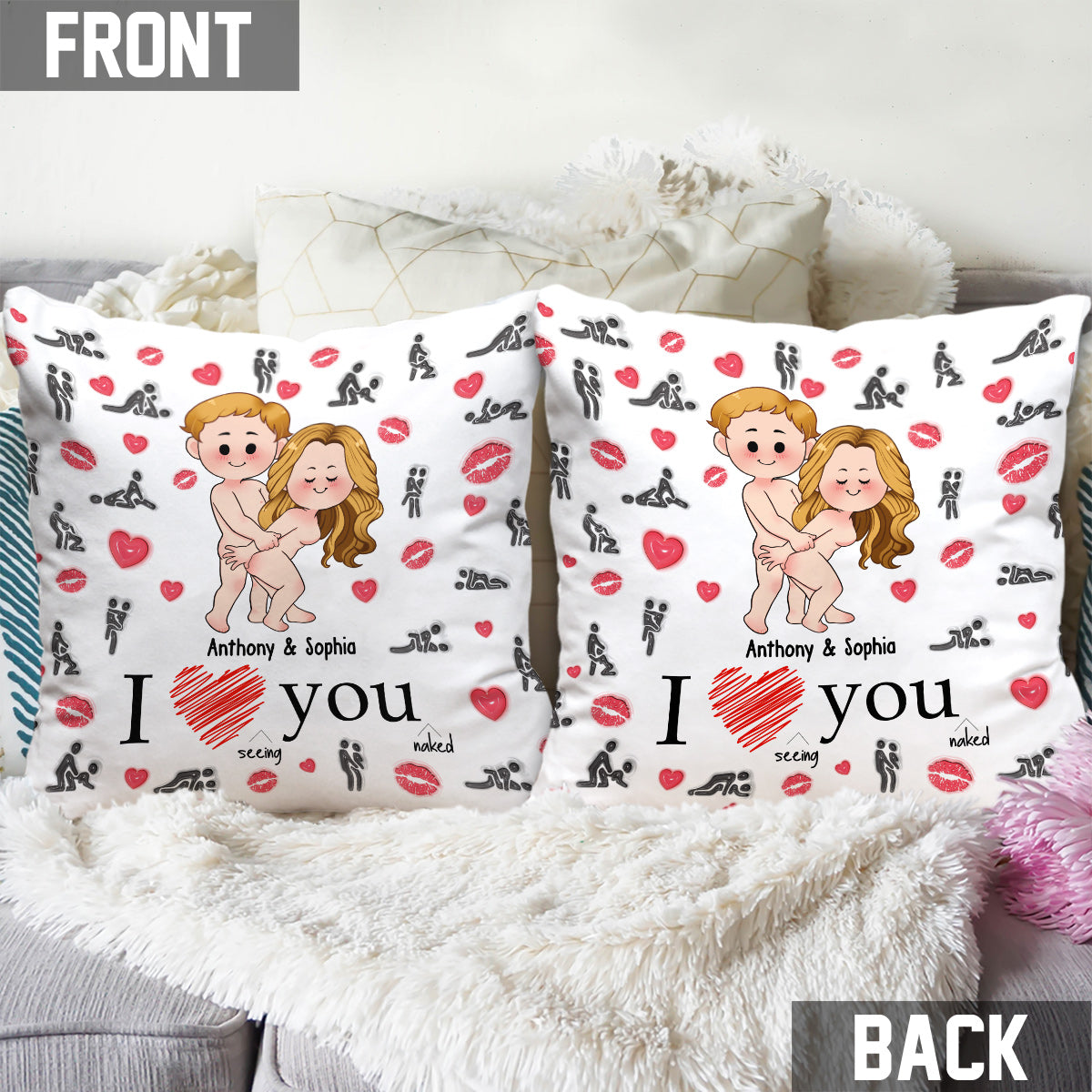 J'adore vous voir coquins - Coussin décoratif personnalisé pour couple