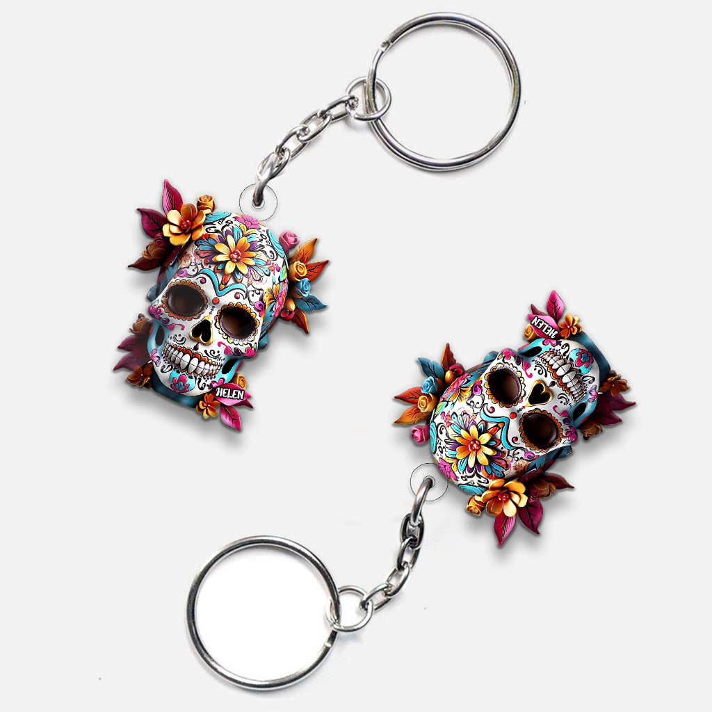 Tête de mort mexicaine florale - Porte-clés personnalisé en forme de crâne.