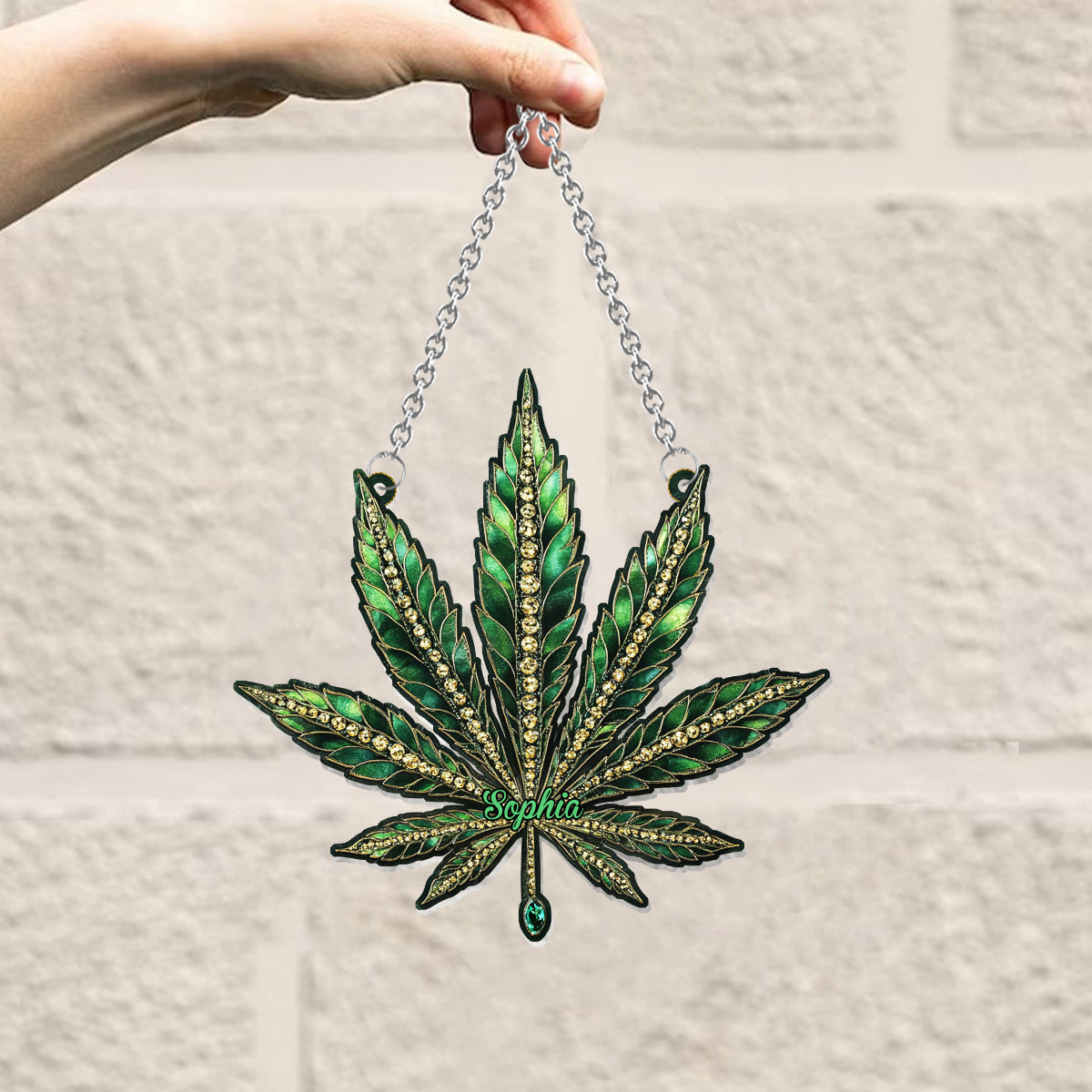 Magnifique ornement attrape-soleil à suspendre à la fenêtre, motif cannabis personnalisé.