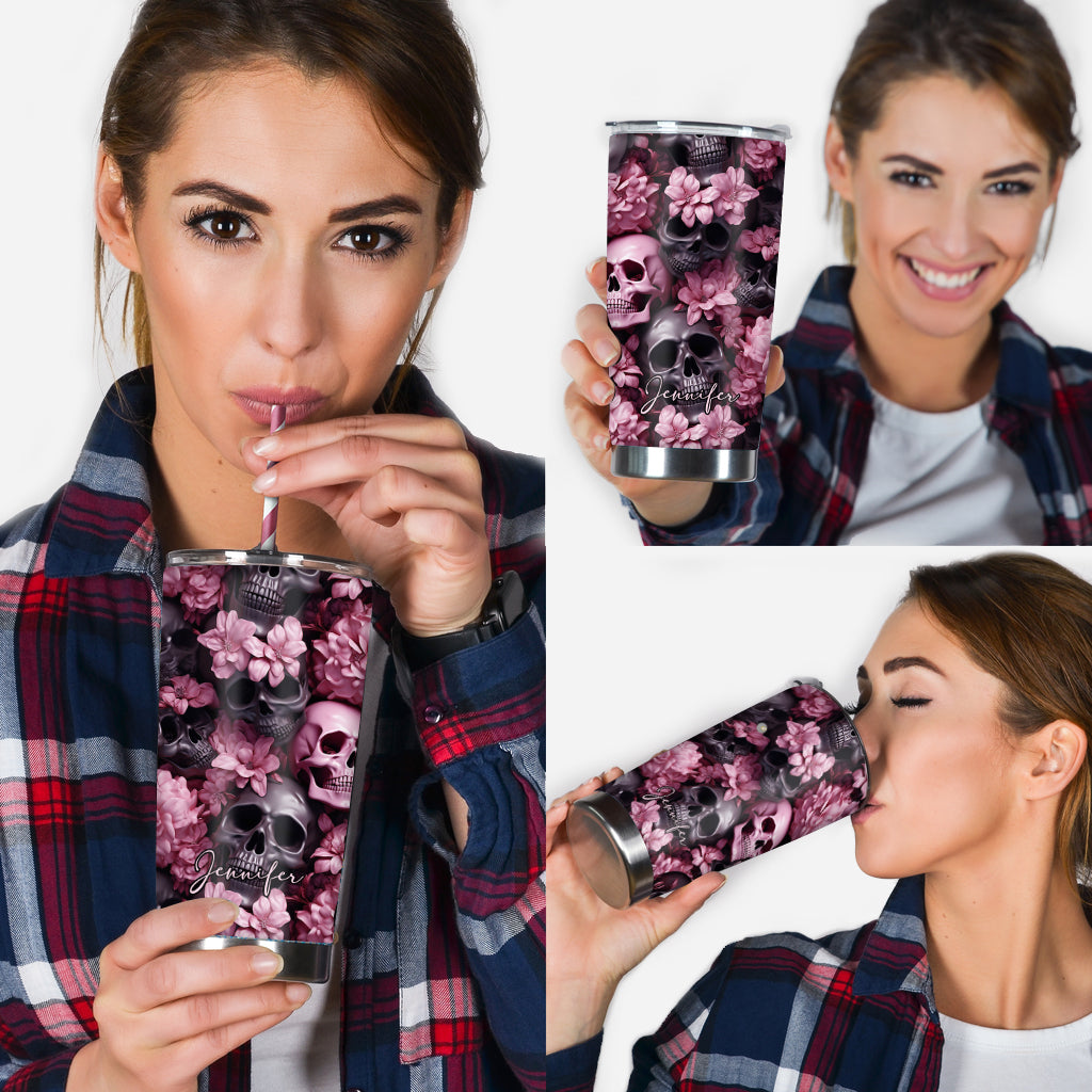 Pink Flowers Black Skulls - Personalized Skull Tumbler