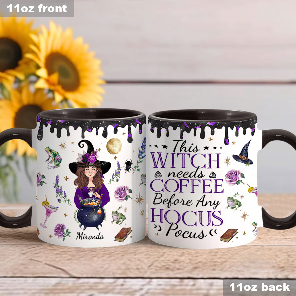 This Witch Need Coffee Before Any Hocus Pocus - Personalized Witch Accent Mug