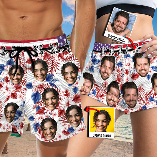 Shorts personnalisés pour couples (homme et femme) - Drapeau tropical - Visage personnalisé