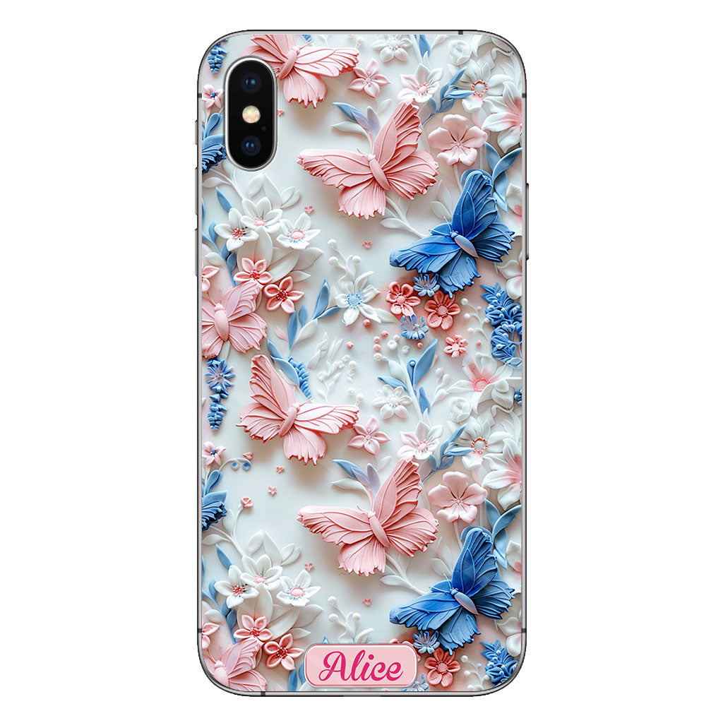 Coque de téléphone transparente personnalisée avec papillons roses et bleus