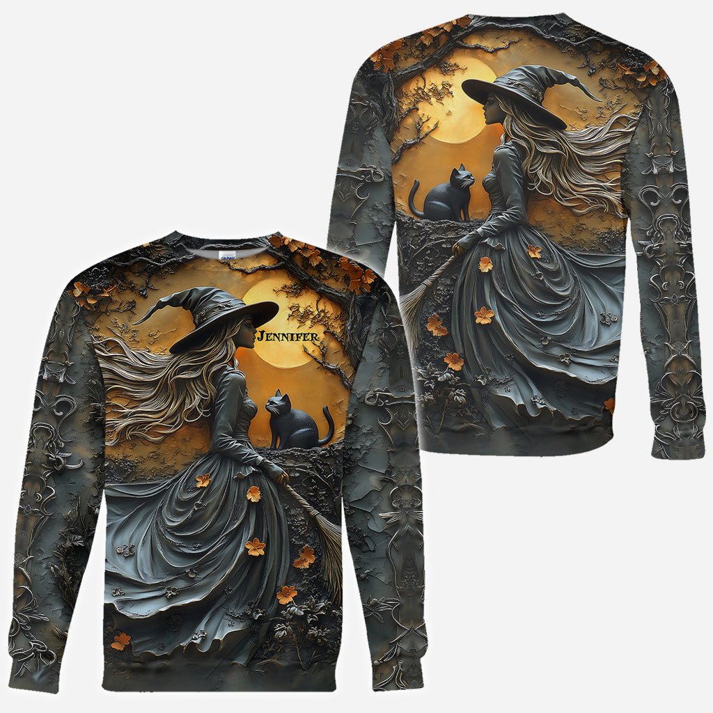 Belle sorcière et son chat noir - T-shirt personnalisé sorcière intégrale