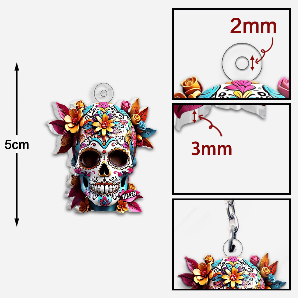 Tête de mort mexicaine florale - Porte-clés personnalisé en forme de crâne.