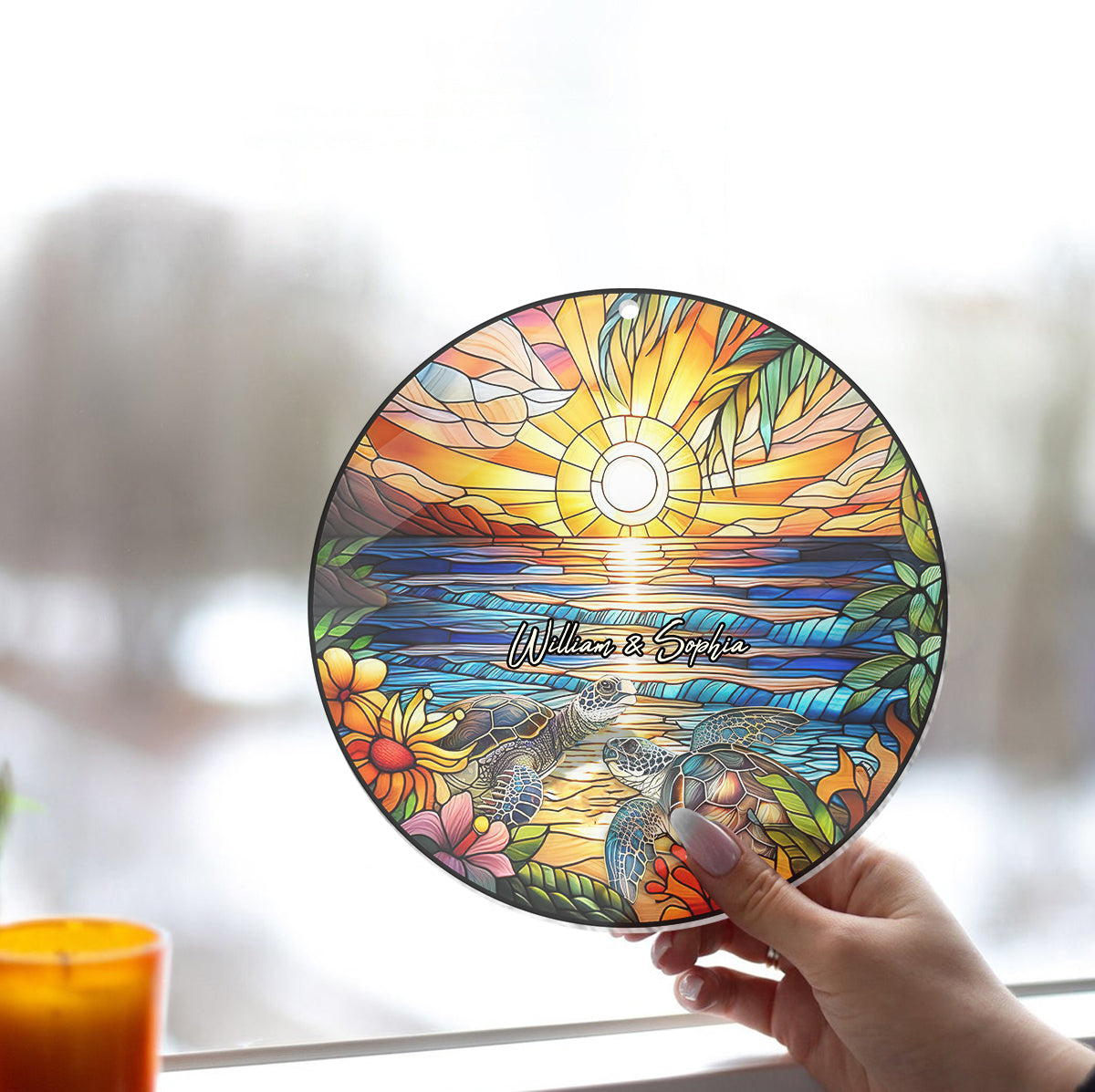 Romantic Sunset - Personalized Turtle Window Hanging Suncatcher Ornament