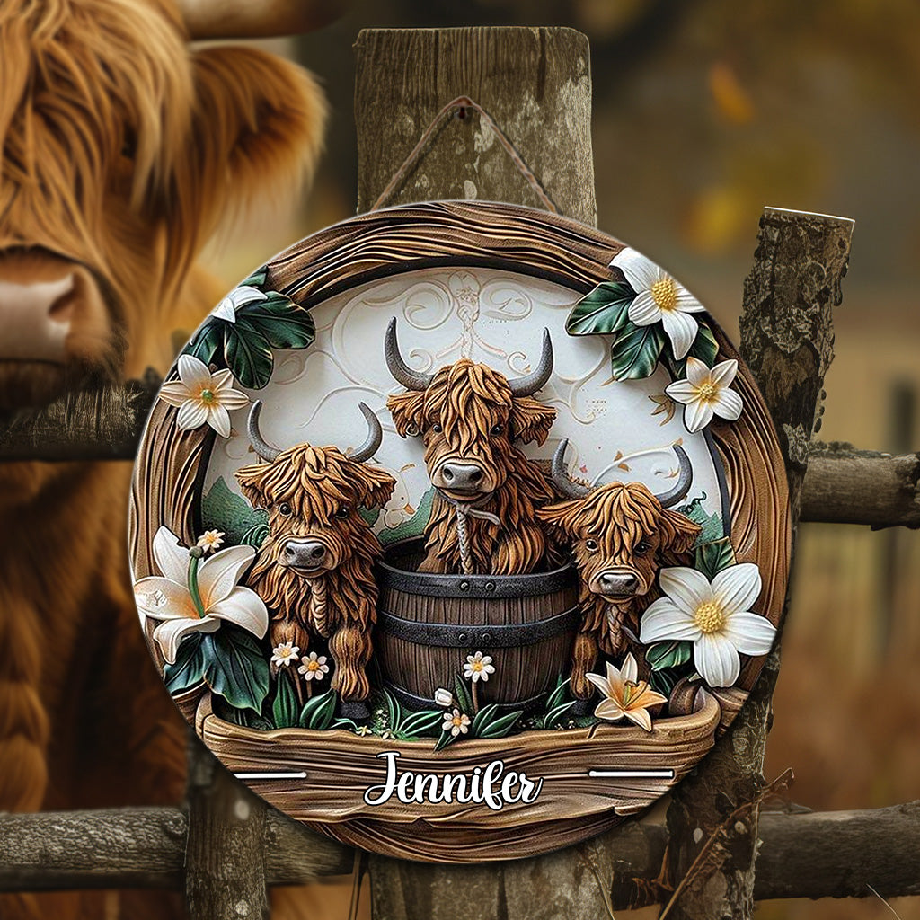 J'adore les vaches des Highlands - Panneau rond en bois personnalisé