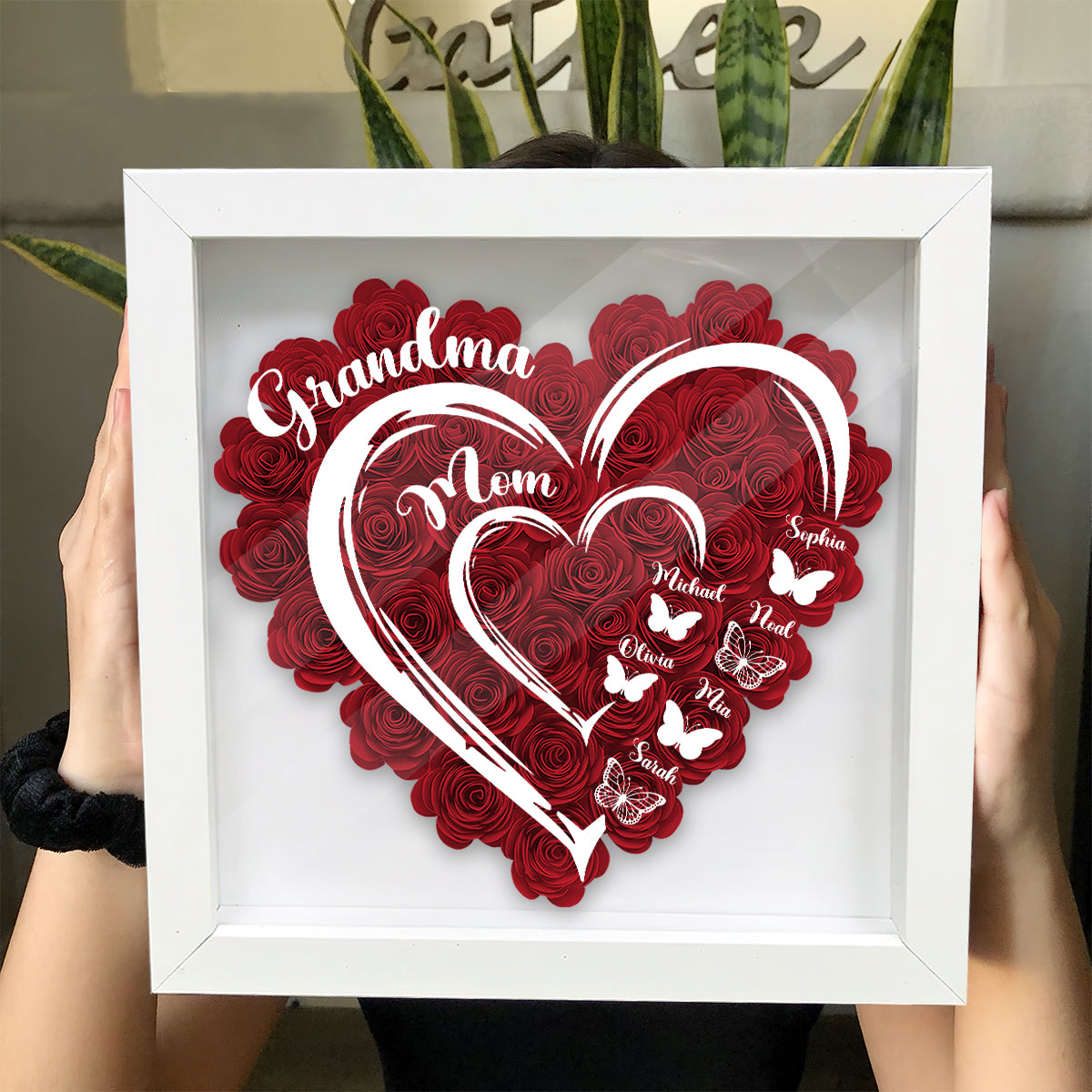 J'aime Maman Grand-mère Version Papillon - Boîte à ombres florale personnalisée pour grand-mère