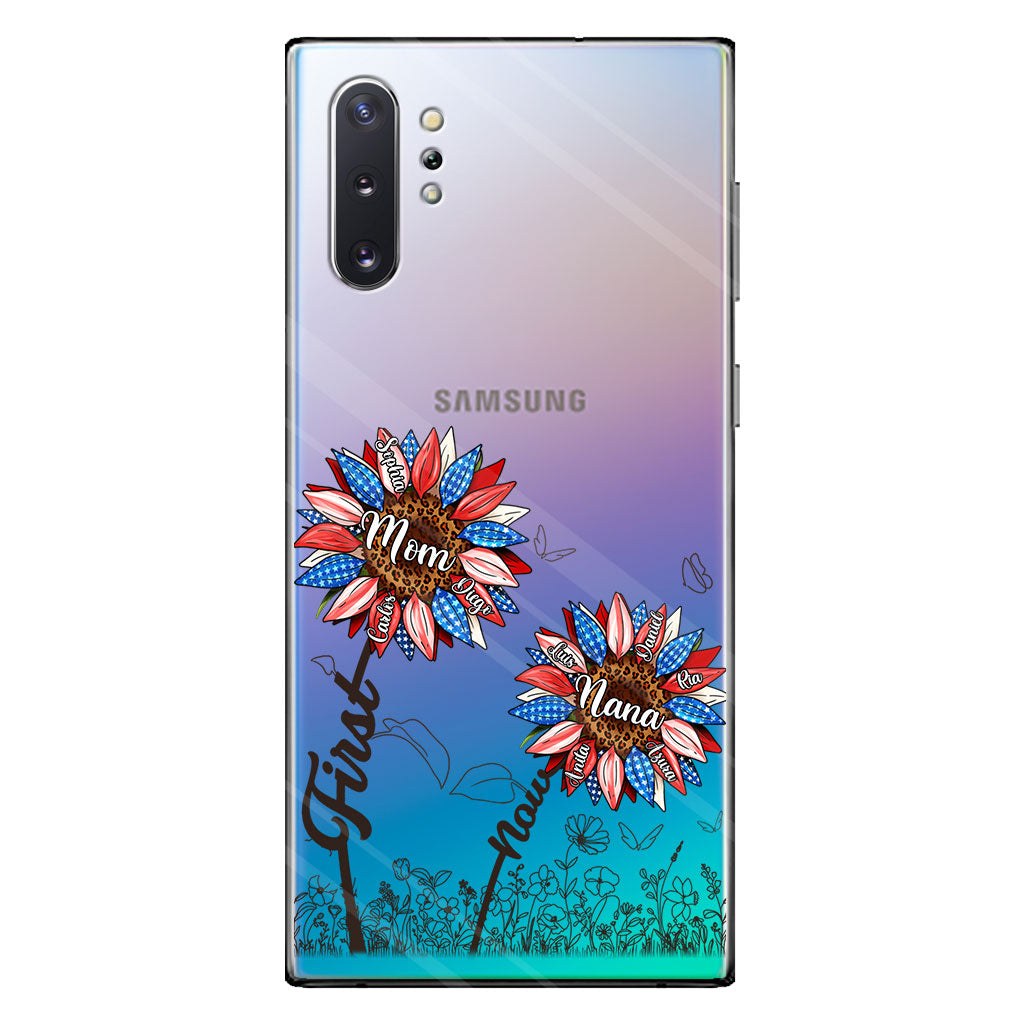 Première maman, maintenant grand-mère - Version Tournesol - Coque de téléphone transparente personnalisée pour grand-mère