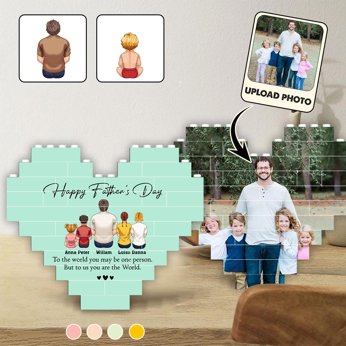 Bonne fête des pères ! Meilleur papa du monde ! Vue de dos - Homme Enfants - Blocs de construction personnalisés en forme de cœur pour papa, imprimés des deux côtés