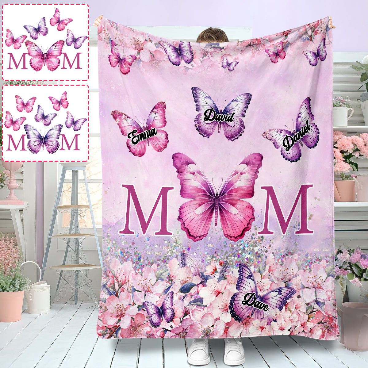 Couverture personnalisée pour maman, motif papillon rose à fleurs -