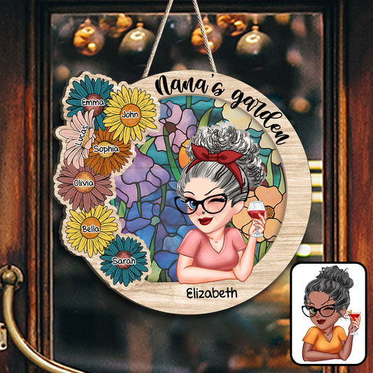 Jardin de grand-mère - Panneau en bois personnalisé en forme de grand-mère
