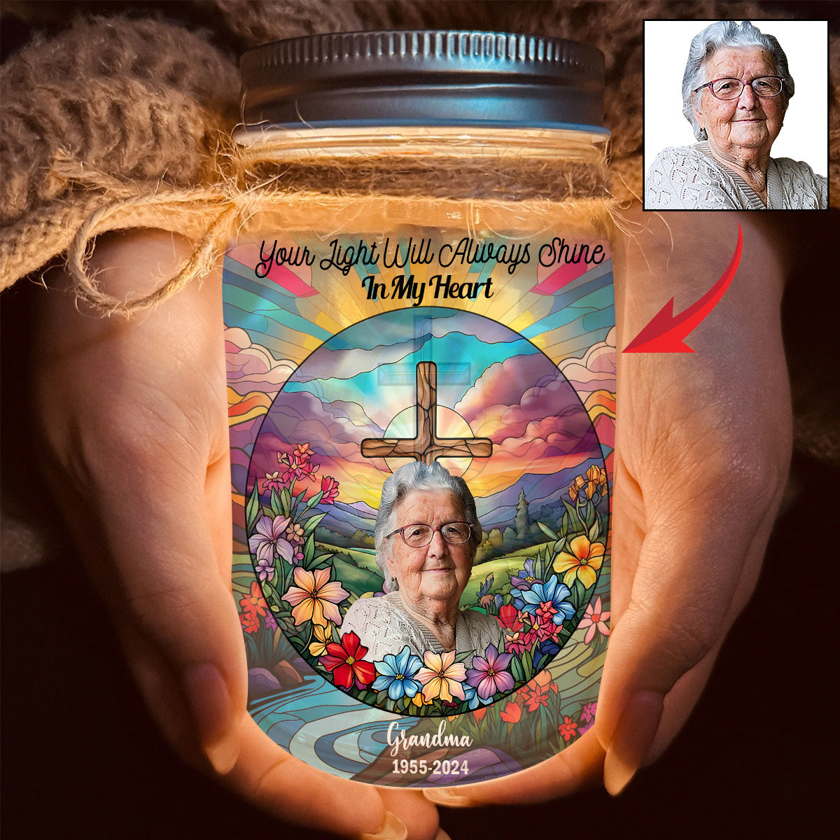Your Light Will Always Shine In My Heart - Personalized Memorial Mason Jar Light