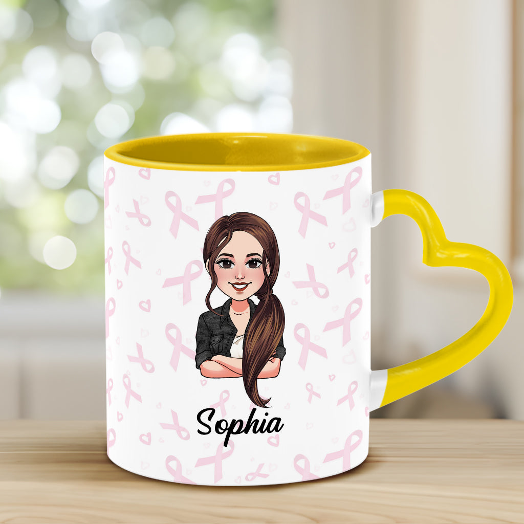 Dear Cancer You Picked The Wrong Bitch - Personalized Breast Cancer Awareness Heart Handle Mug