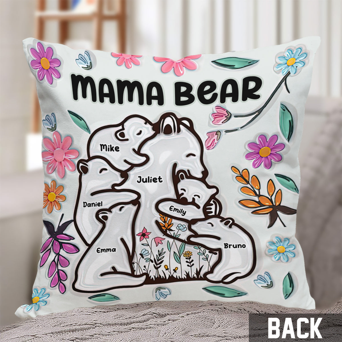 Coussin décoratif personnalisé « Maman ours câlinant ses petits » style floral
