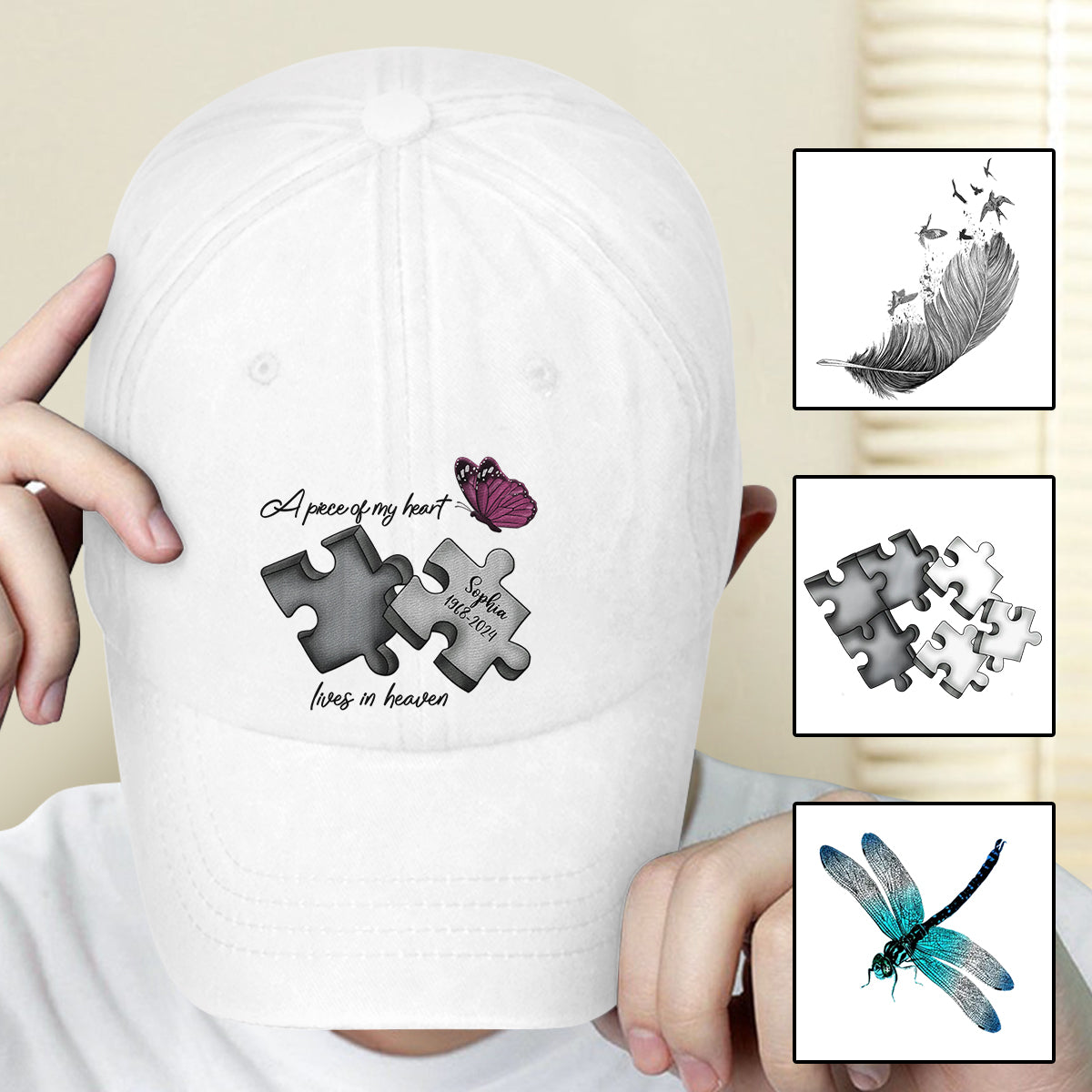 Casquette classique brodée personnalisée en hommage à un papillon libellule et à une plume céleste - Casquette commémorative classique brodée -