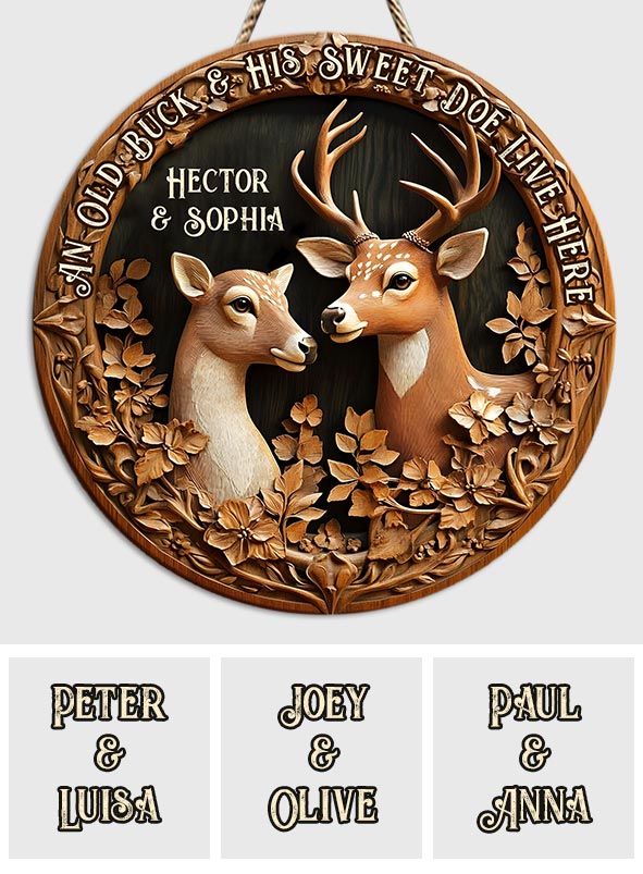 Vieux cerf et douce biche - Panneau rond en bois personnalisé pour la chasse