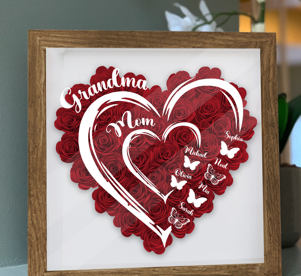 J'aime Maman Grand-mère Version Papillon - Boîte à ombres florale personnalisée pour grand-mère