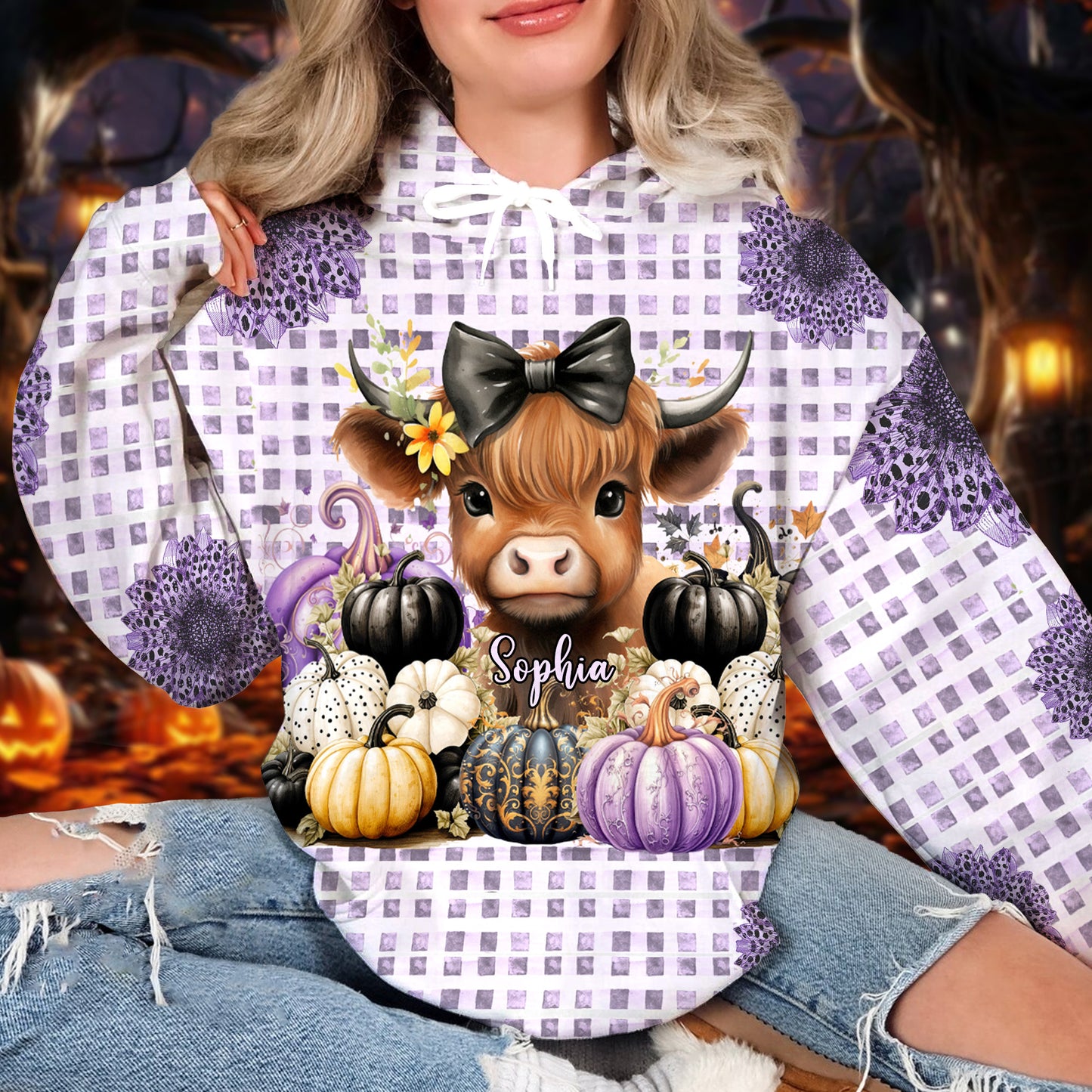 Adorable bébé vache des Highlands et citrouilles d'automne - T-shirt personnalisé intégral