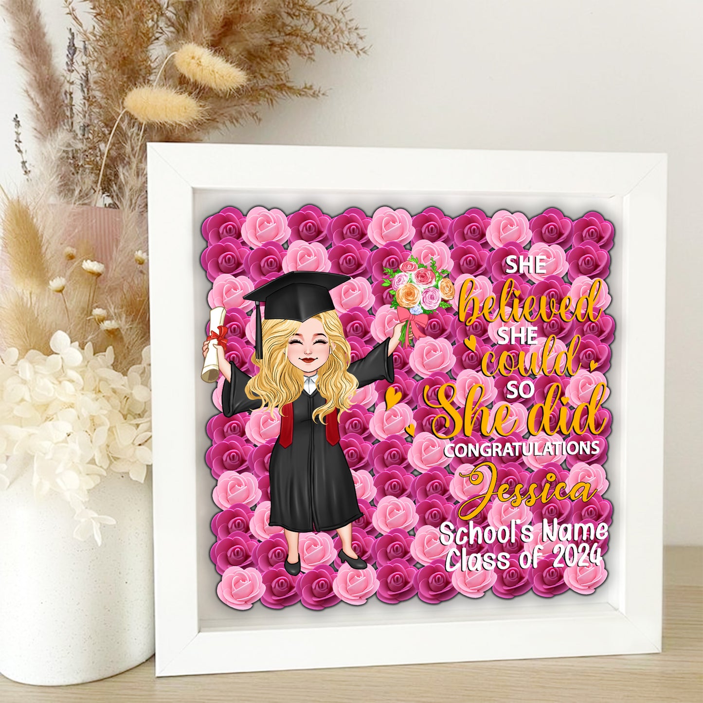 Fille diplômée 2024 - Boîte à souvenirs florale personnalisée