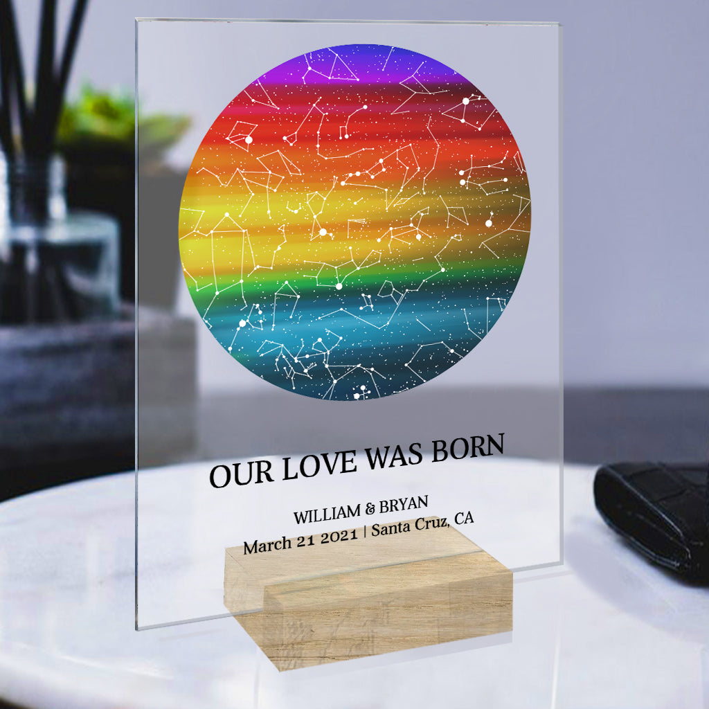 Notre amour est né - Plaque acrylique transparente personnalisée de soutien LGBT