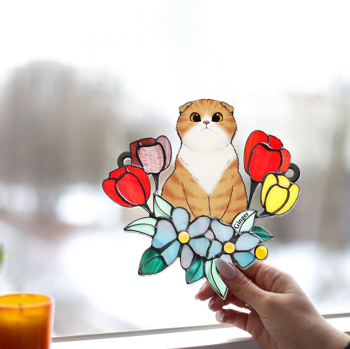 Chat parmi les fleurs - Décoration attrape-soleil personnalisée à suspendre à la fenêtre - Chat 