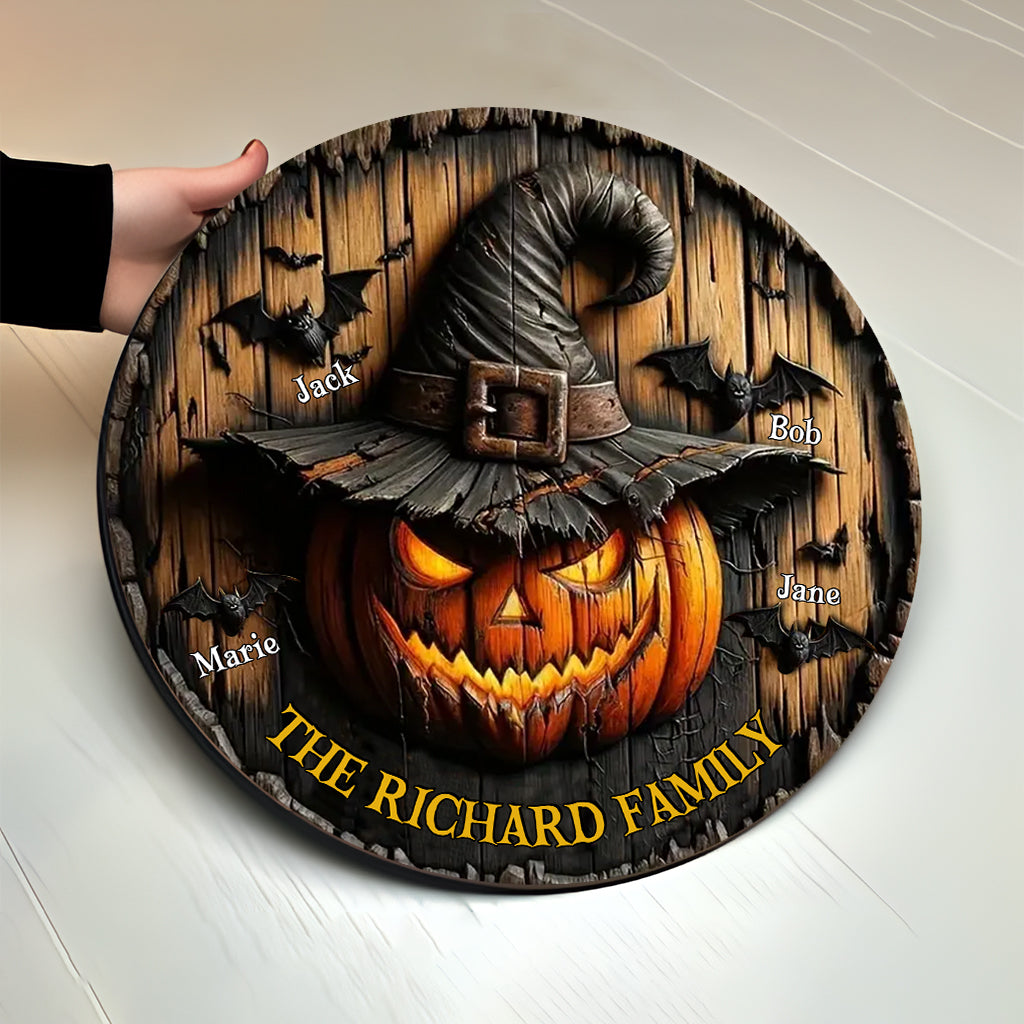 Witch Pumpkin Family - Personalized Family Round Wood Sign