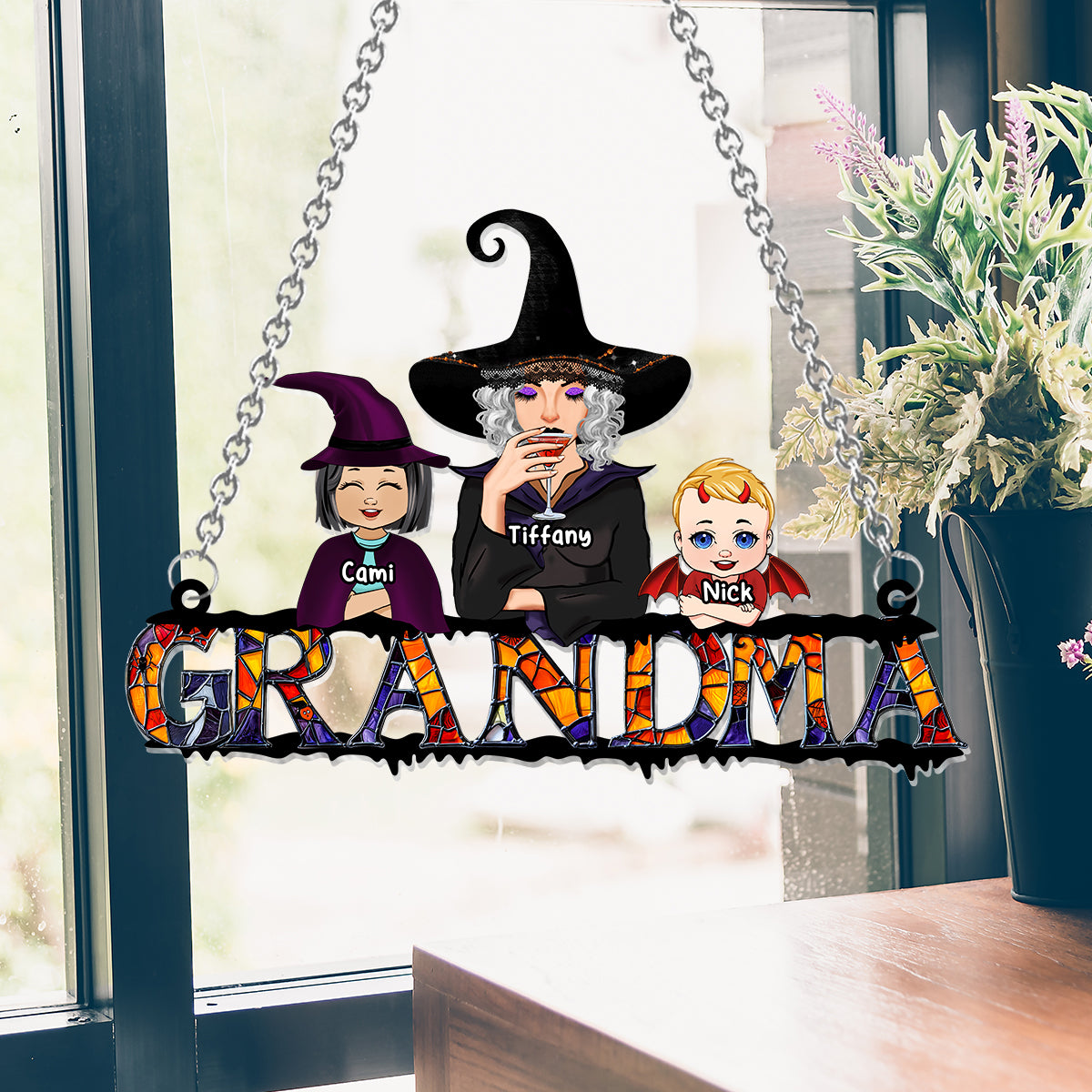Halloween pour grand-mère - Décoration attrape-soleil personnalisée à suspendre à la fenêtre pour grand-mère 