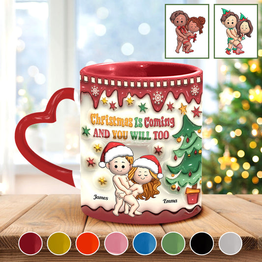 Christmas Is Coming - Personalized Couple Heart Handle Mug