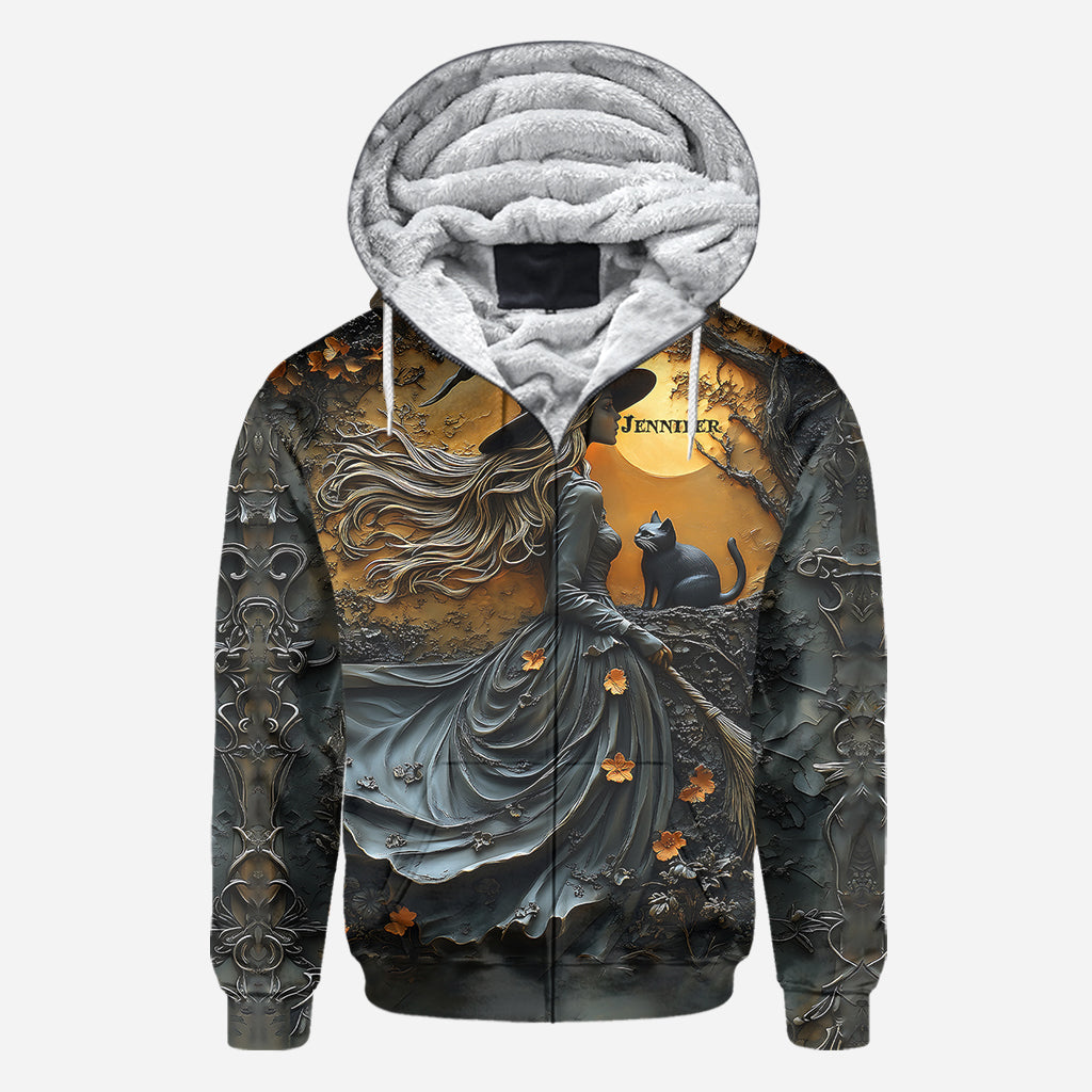 Belle sorcière et son chat noir - T-shirt personnalisé sorcière intégrale