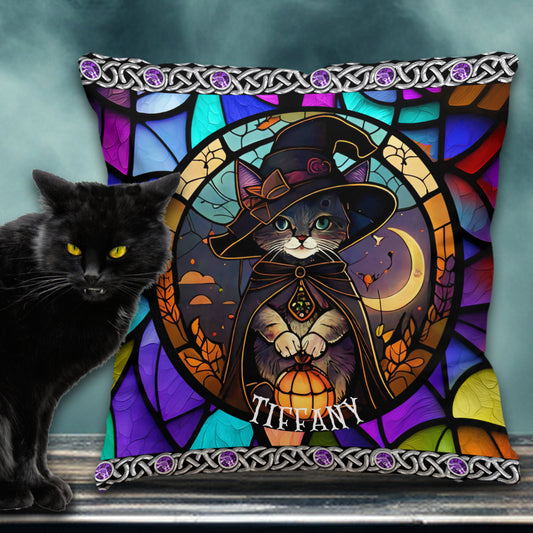 Beautiful Stained Glass Witch Black Cat - Personalized Black Cat Throw Pillow