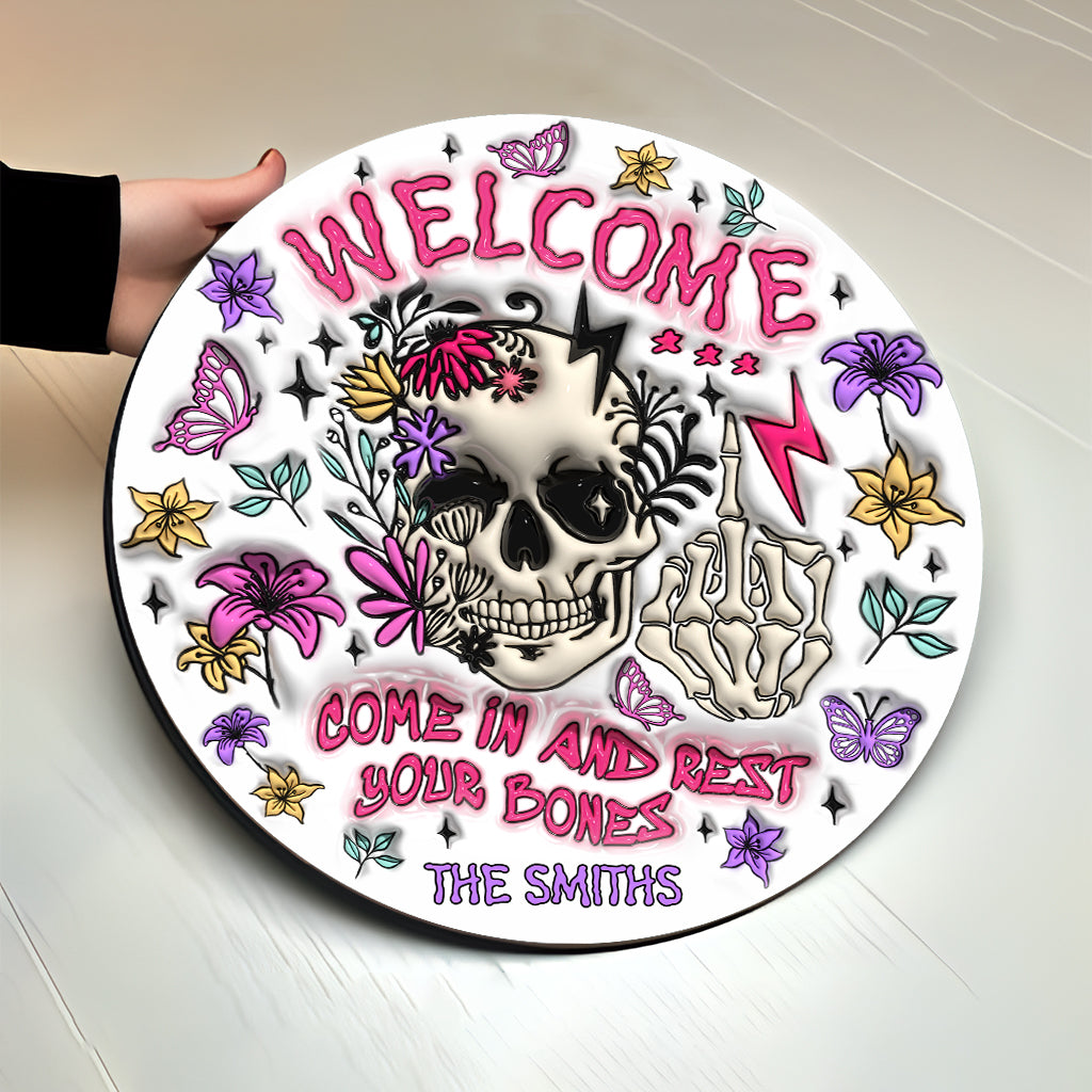 Come In And Rest - Personalized Skull Round Wood Sign