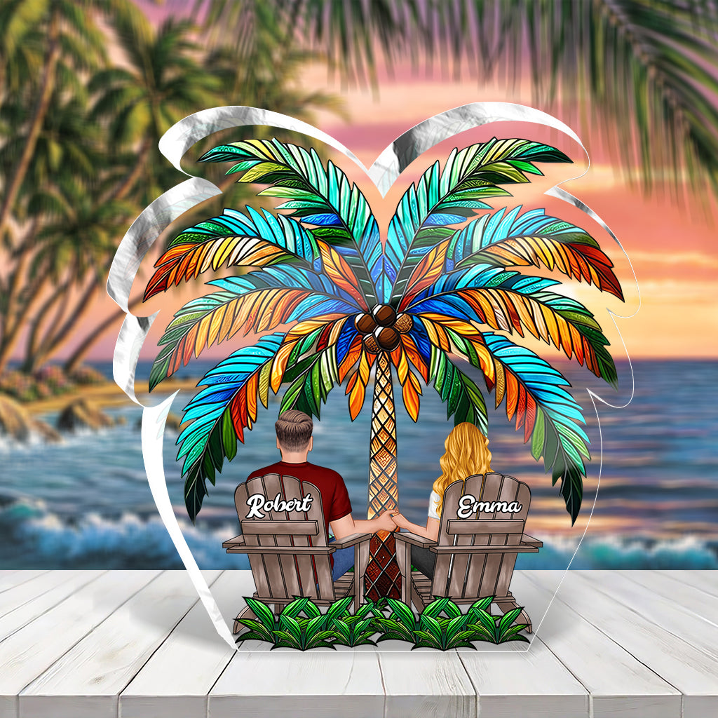 Sous le palmier - Couple heureux - Plaque acrylique personnalisée en forme de couple