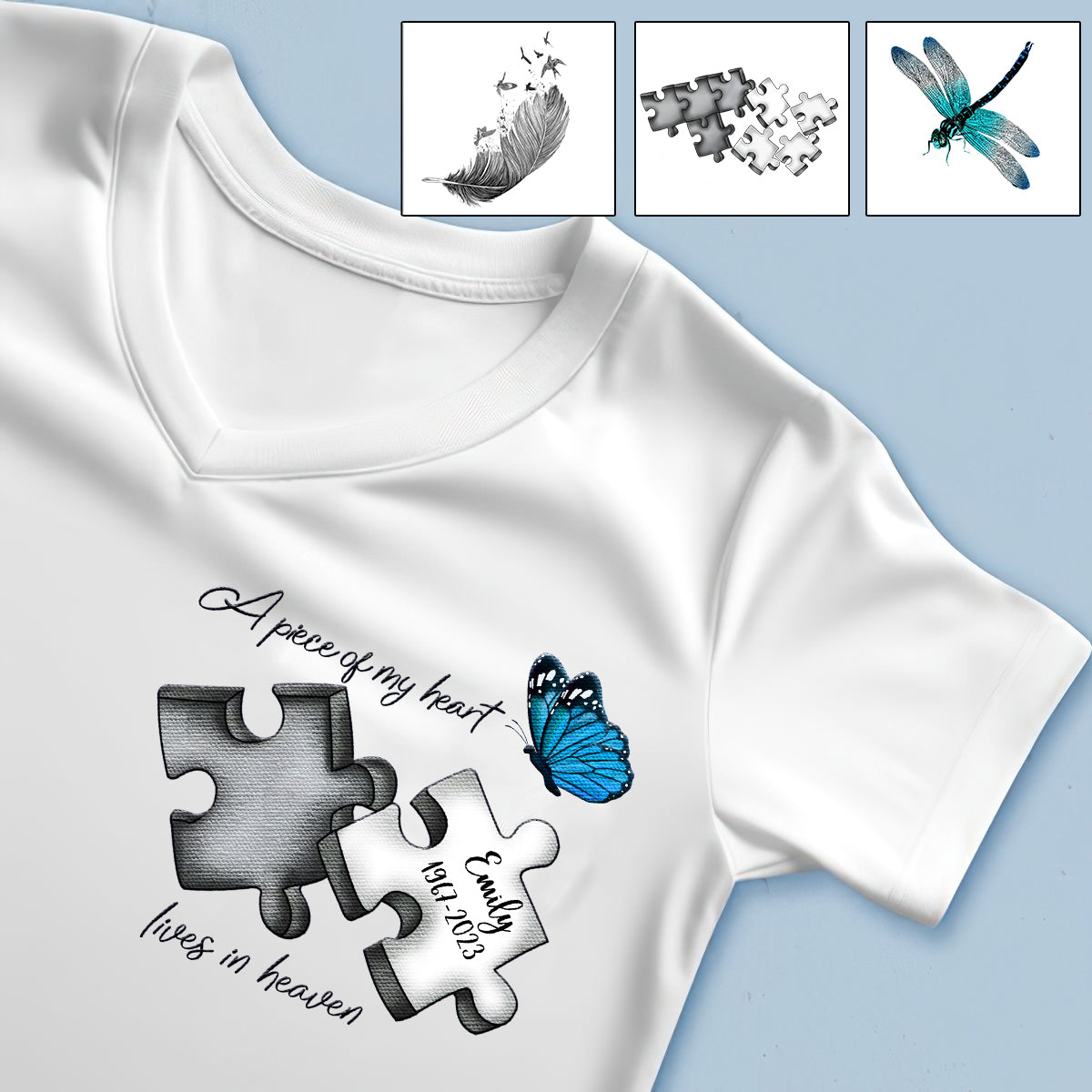 T-shirt brodé commémoratif personnalisé avec motif papillon, libellule et plume céleste