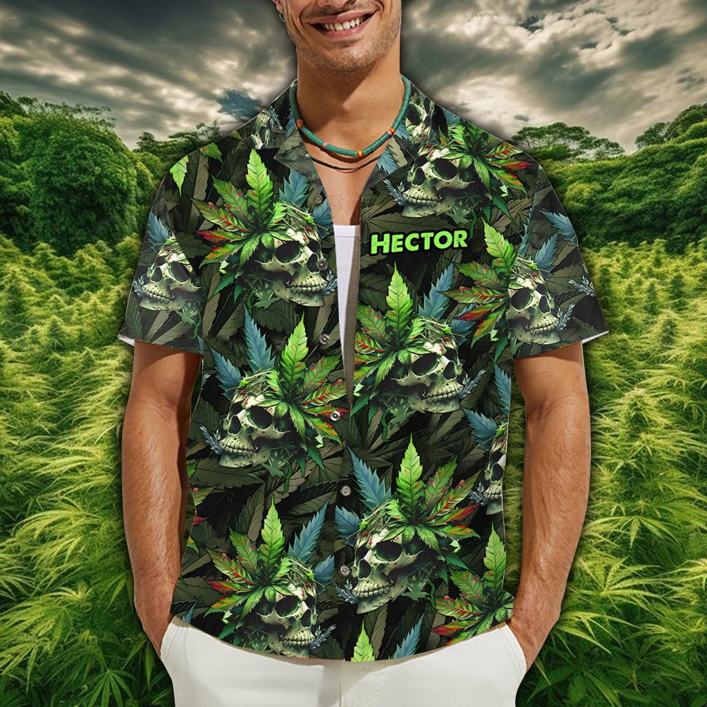 Chemise hawaïenne personnalisée Skull Green Leaf - Cannabis