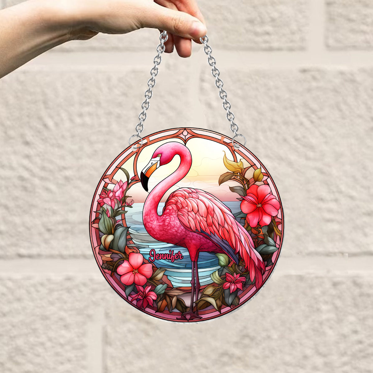 J'adore les flamants roses - Ornement attrape-soleil personnalisé à suspendre à la fenêtre, motif flamant rose 