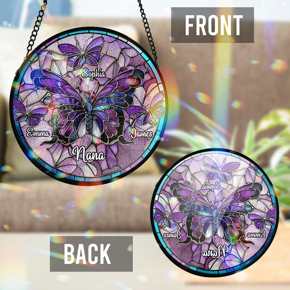 Nana Beautiful Butterfly - Titre au choix - Attrape-soleil en vitrail personnalisé pour grand-mère