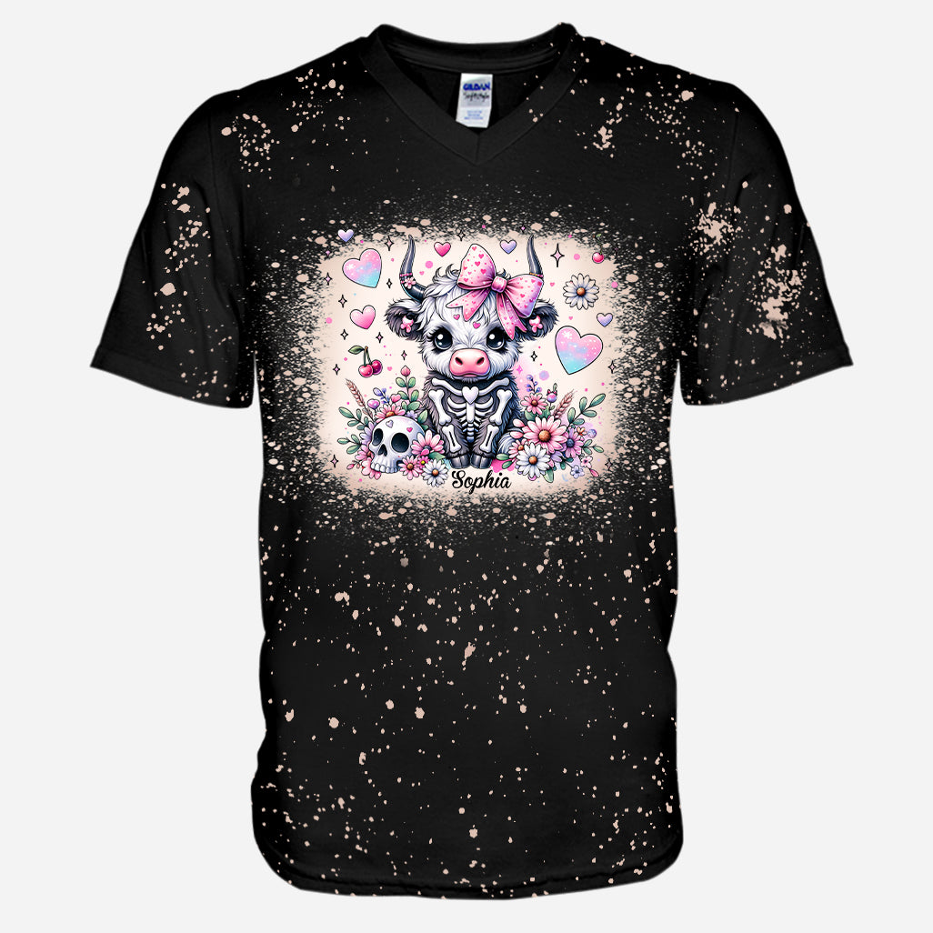 T-shirt personnalisé délavé avec une vache des Highlands mignonne et effrayante pour Halloween