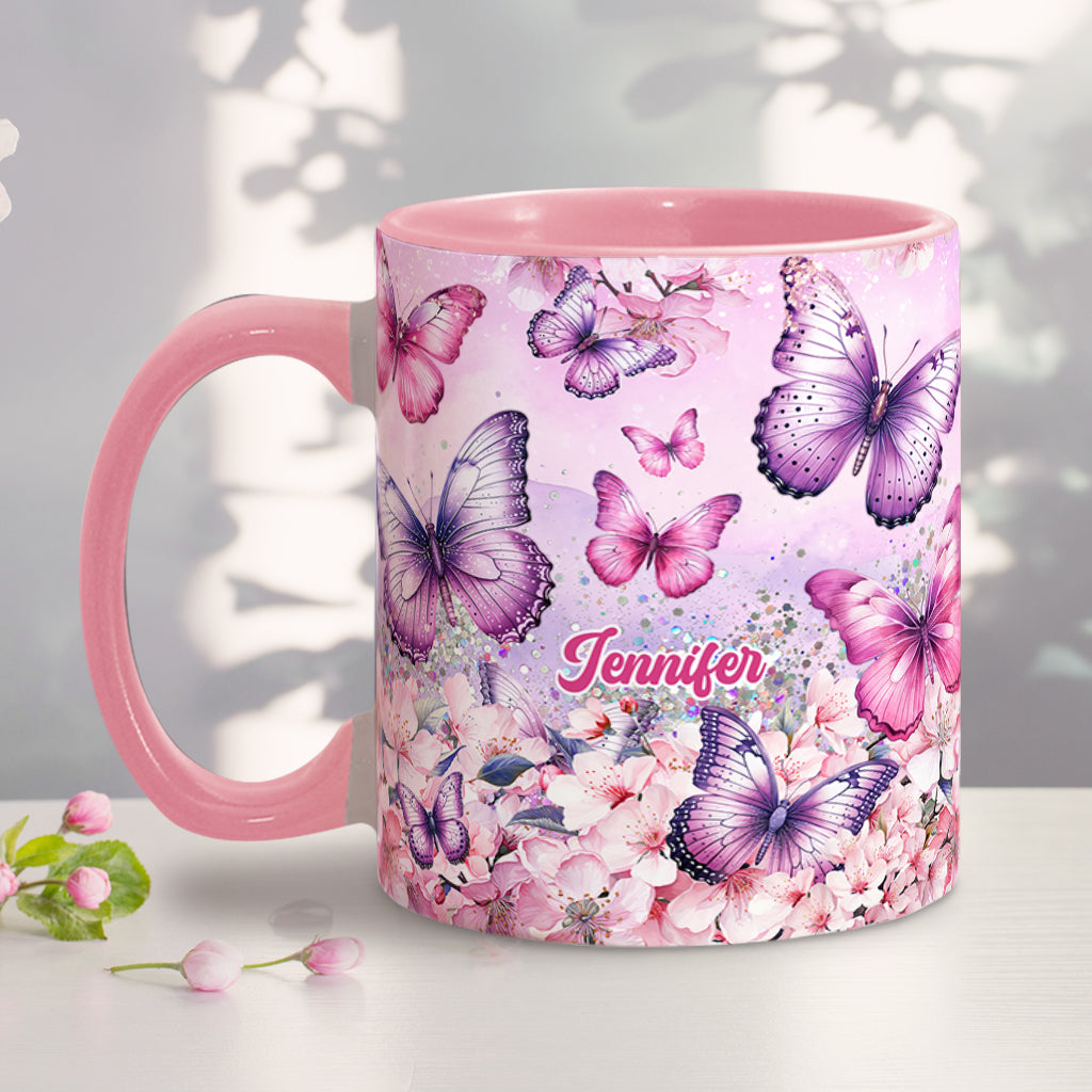 Mug personnalisé à motif papillon rose et floral