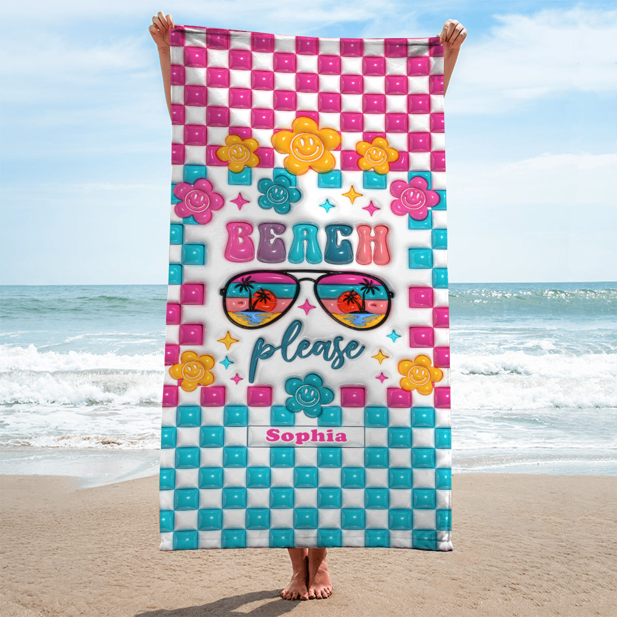 Serviette de plage personnalisée « Beach Please » pour amoureux de la mer
