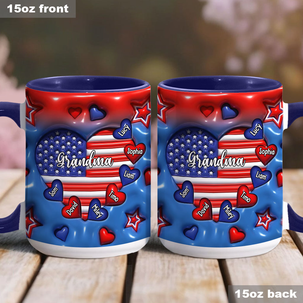 Mug personnalisé « Grand-mère et petits-enfants » avec drapeau en forme de cœur et motif Cœur gonflé